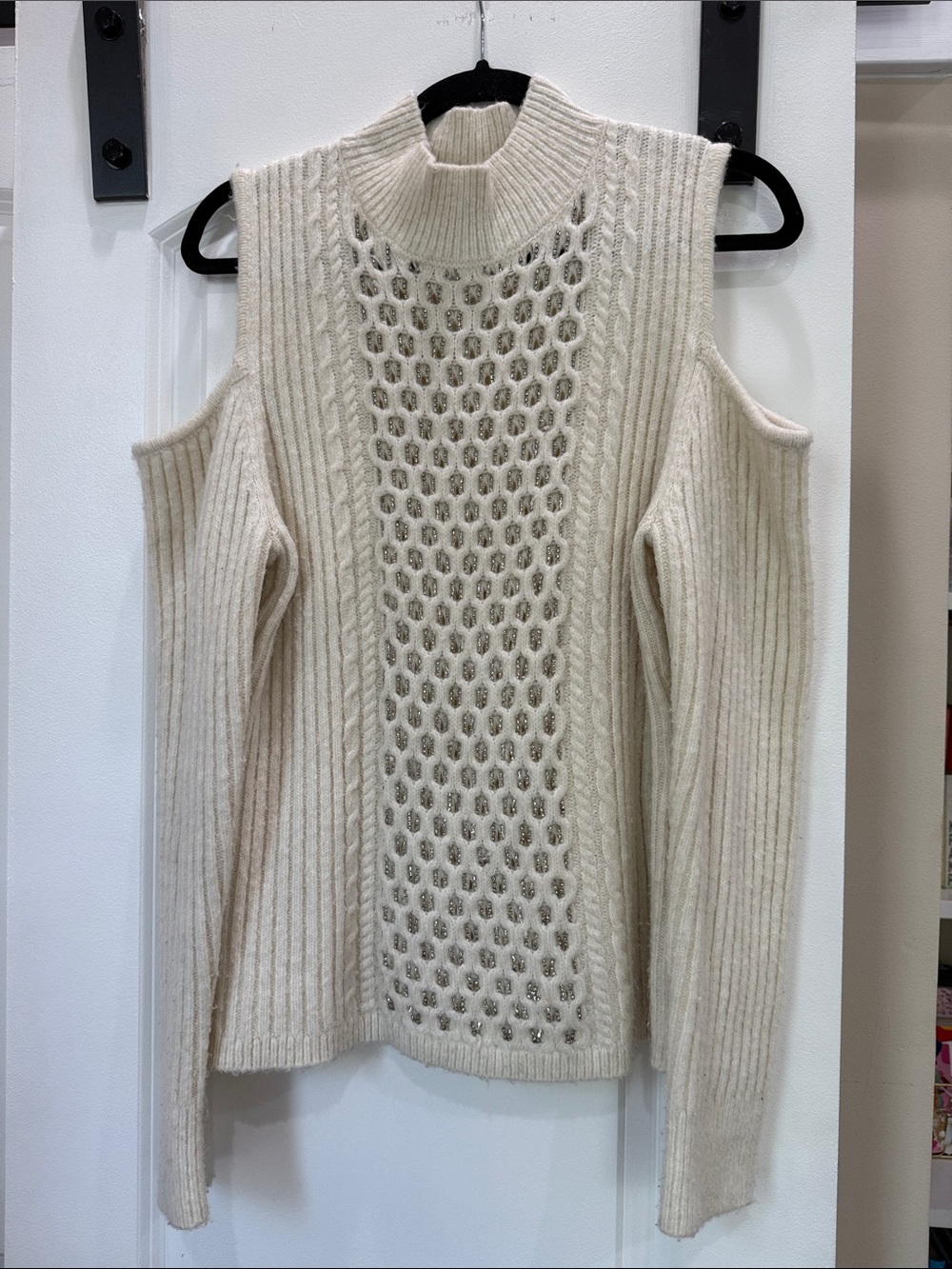 Donna Karan Cream Cold-Shoulder Cable Knit and Sequin Turtleneck Sweater